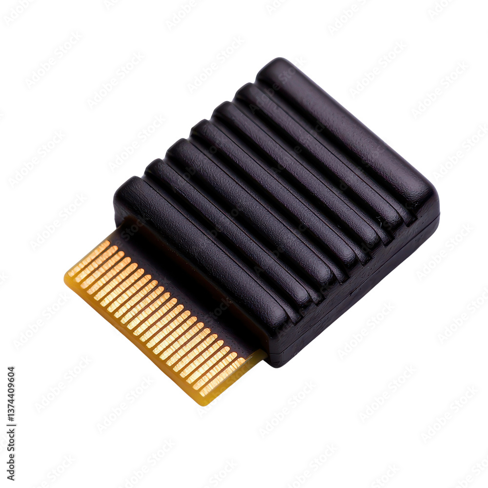Poster black computer processor with golden pins on a dark background.