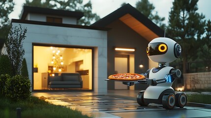 Robot delivers pizza at a house entrance, showing a family inside, maybe used for tech illustrations