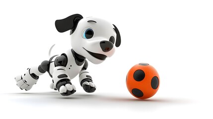 Naklejka premium Robot dog chasing ball in clean white background. Future toy, pet tech for kids