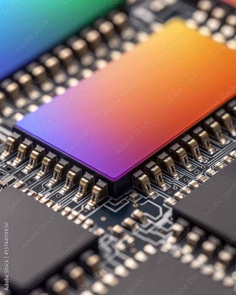 Aufkleber close up of a modern colorful computer chip on circuit board