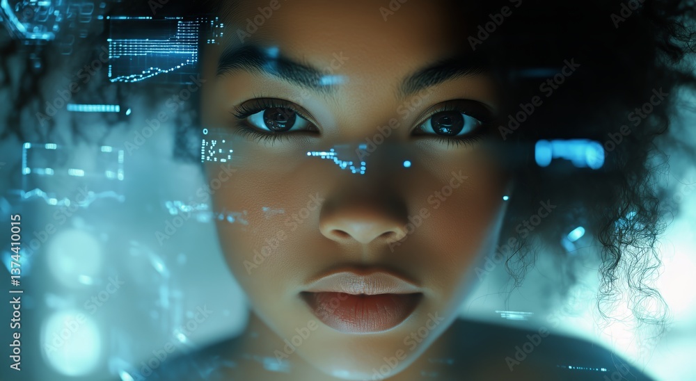 Poster close-up view of a womans face with digital data overlay in a futuristic environment