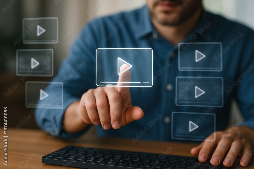 Poster digital engagement: a person, deep in concentration, interacts with digital video interface, navigat
