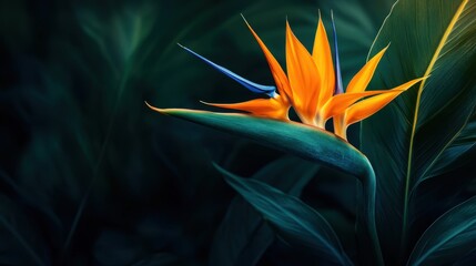 Obraz premium Vibrant Bird of Paradise Flower Against Dark Green Leaves Background