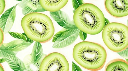 Fototapeta premium Kiwi Zest: Refreshing slices of kiwi fruit, showcasing their vibrant green flesh, are artfully arranged amidst lush green leaves, evoking a sense of freshness and healthy living.