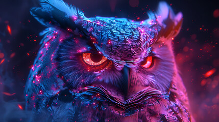 Intense neon owl close-up with glowing red eyes and intricate feather detail. A captivating futuristic AI art creation.	