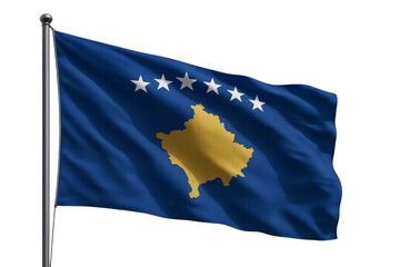 Kosovo -Flagge winkt vor einem dunklen Hintergrund mit Sternen und einer Kartenumrisse