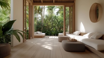 Fototapeta premium An inviting interior space with large windows overlooking a lush garden. It showcases a relaxed seating area and a serene ambiance. 