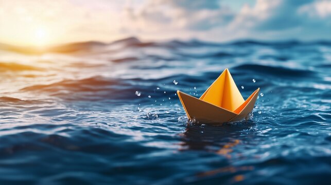 Broken bonds forever, drifting paper boat of lost connection, symbolic broken bonds forever in friendships , A paper boat drifting away on an ocean 