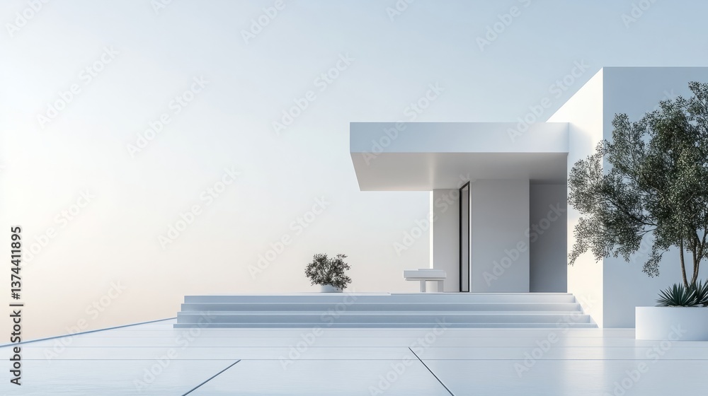 Fototapete 3D rendered architecture of a modern minimal house with a focus on simplicity and functionality, set on a stark white background 