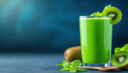 Fresh kiwi smoothie with mint leaves, vibrant green color, and refreshing appearance