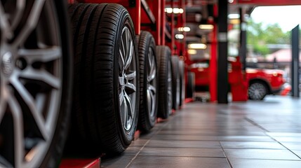 Fototapeta premium Tires Organized Neatly in a Modern Automotive Shop Interior