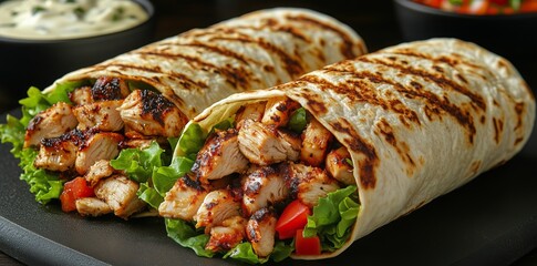 Delicious Chicken Wraps Served on a Black Plate With Fresh Lettuce and a Creamy Sauce Drizzle