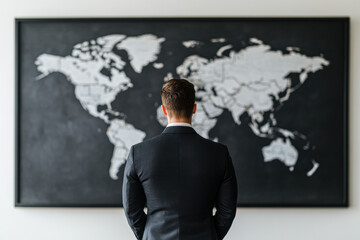 A man stands contemplatively in front of a world map on a blackboard.