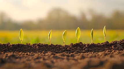 Seedlings in soil emerge against blurred farmland backdrop, symbolizing growth and agriculture