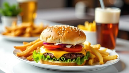 Overhead shot of burger, fries, and soda on white , junk food, image