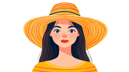 Brunette girl with straw hat and freckles portrait, cut out transparent