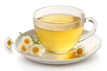 A soothing image of chamomile tea in a glass cup, paired with chamomile flowers, suggesting a calming and herbal beverage