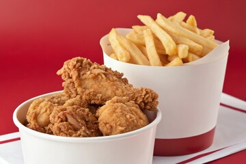 Crispy golden fried chicken and a mountain of golden fries, a tempting fast food feast against a vibrant red backdrop.