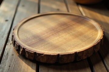 Obraz premium Rustic Wooden Slab Serving Tray on Weathered Wood Surface, Ideal for Displaying Food or Decorative Items