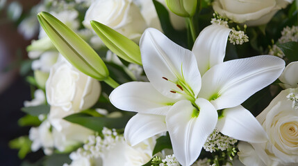 A delicate funeral bouquet with white lilies and roses, thoughtfully arranged to convey sympathy and respect.