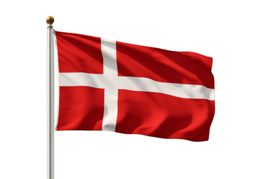 Dänische Flagge winkt mit einem mutigen roten Hintergrund und einem ikonischen weißen Kreuz, das Denmarks nationale Identität symbolisiert