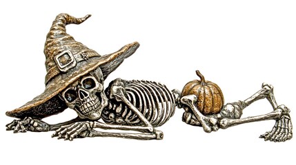 Fototapeta premium Skeleton in hat with pumpkin, isolated for Halloween event decoration, white background, season concept