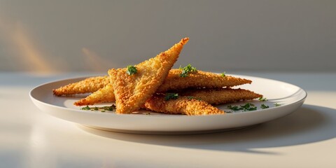 Crispy golden fried triangles of flavorful food served on plate