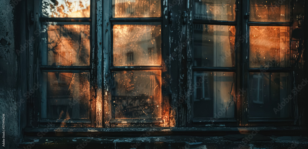 Poster window with a view of a building and a tree