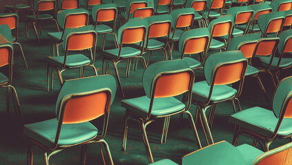 Fototapeta premium Empty Classroom Rows of Vintage Chairs in a Deserted Schoolroom