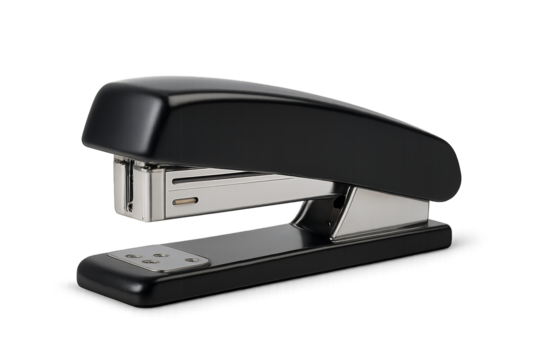 Schlanker schwarzer Hefter mit metallischen Akzenten auf einem minimalistischen Hintergrund, der moderne Designeleganz zeigt