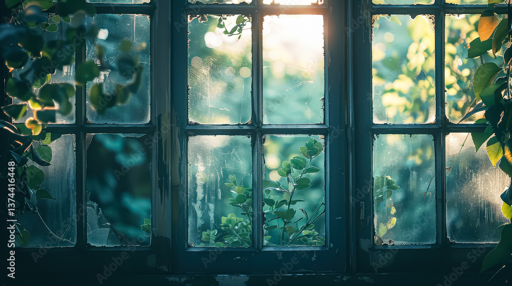 Poster window with a view of a building and a tree.