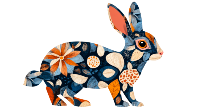 Decorative patterned rabbit with flowers and leaves , cut out transparent