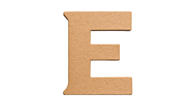 Beige paper letter E uppercase, textured detail and finish, cut out transparent