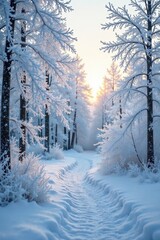 Obraz premium A serene winter path through a snow-covered forest at sunrise, sunlight filtering through frost-covered branches, creating a magical, peaceful atmosphere