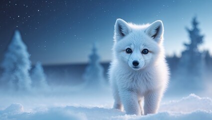 Arctic fox pup glows within snowy ambiance of northern winter night