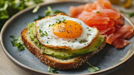 Fried egg on avocado toast with smoked salmon on ceramic plate