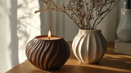 Glowing candlelight illuminating ceramic vessel, nestled wooden modern vases and dried botanical arrangements on rustic among surface