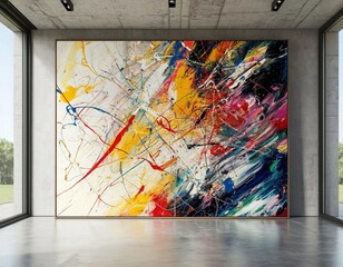 Interior of a gallery: big abstract expressionist painting on the wall, no people