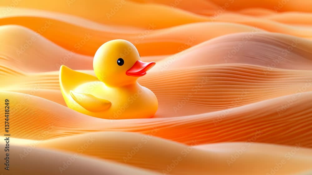 Leinwandbilder yellow rubber duck floating on smooth orange abstract waves, 3d rendering art