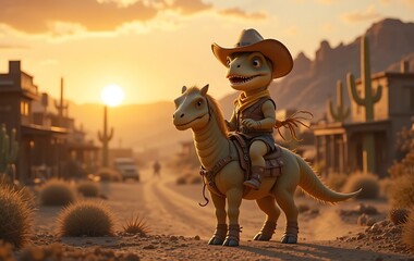 Naklejka premium Cute Dinosaur Cowboy Riding Horse at Sunset in Western Town