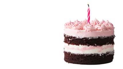 Delicious three-layer cake with one candle on black background, cut out transparent