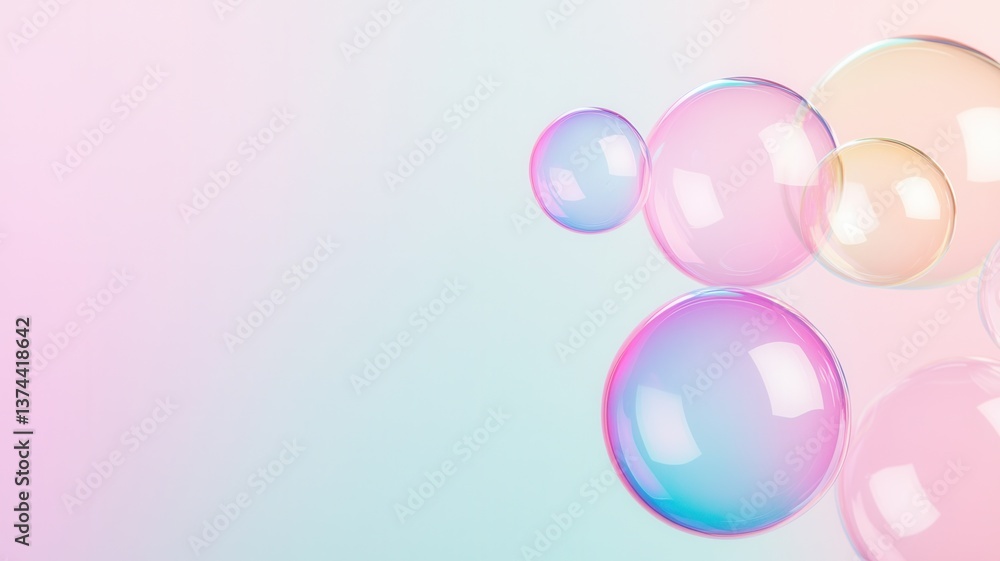 Poster soap bubbles floating on a colorful gradient background, dreamy a creating and playful atmosphere
