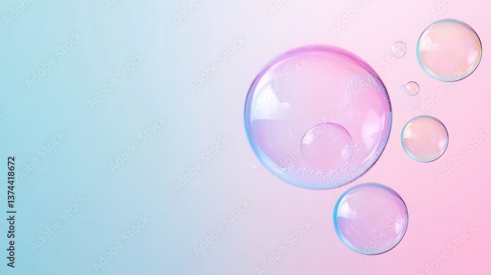 Poster soap bubbles floating on a a gradient background, colorful creating dreamy and playful atmosphere
