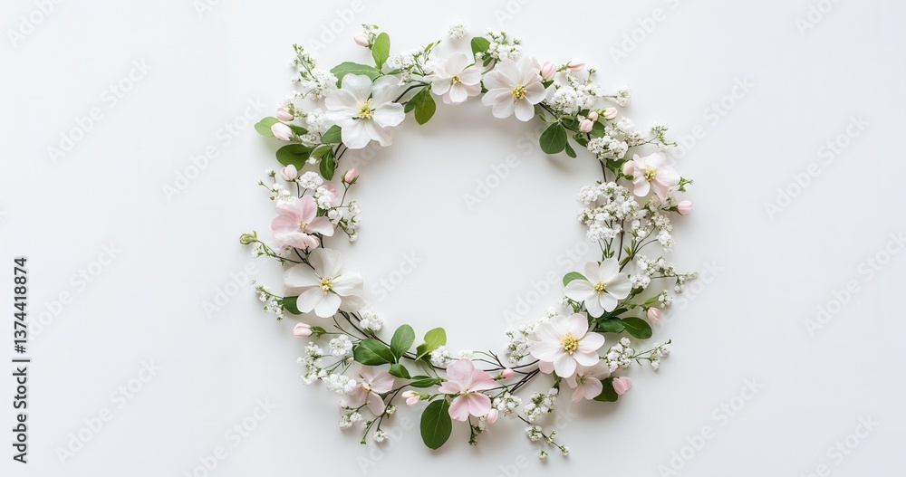 Poster delicate spring flowers and leaves arranged in a perfect circle on a pristine white backdrop, creati