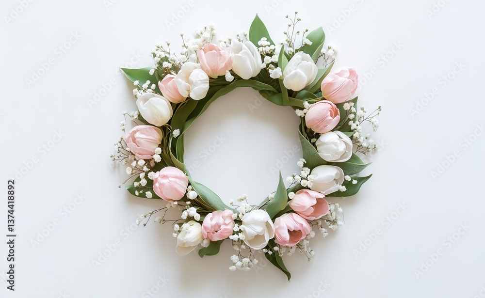 Poster delicate spring flowers and leaves arranged in a perfect circle on a pristine white backdrop, creati