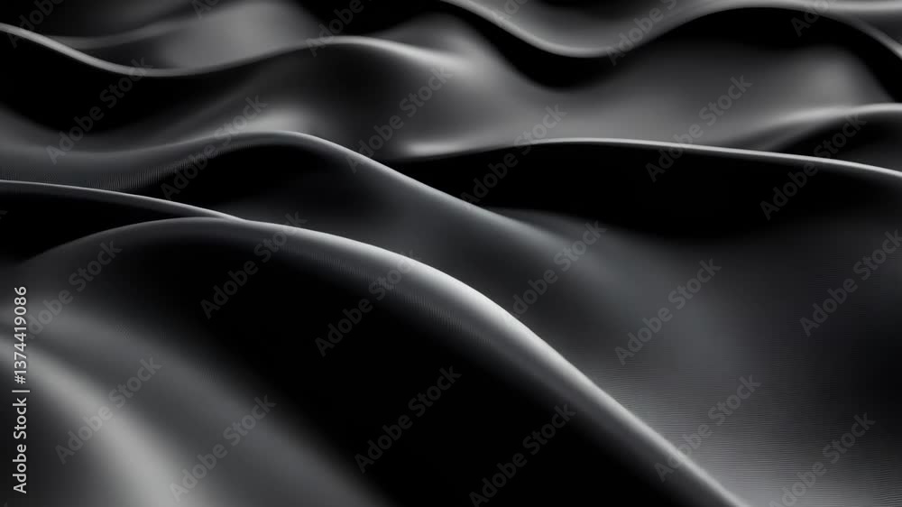 Poster smooth black satin fabric with flowing, rippling waves and soft texture, abstract art