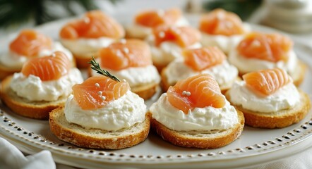Fresh Salmon on Crusty Bread With Cream Cheese and Herbs Ready for Lunch or Brunch Gathering