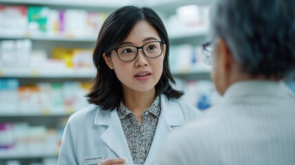 Community pharmacist explaining prescription guidelines in a pharmacy setting with patients engagement