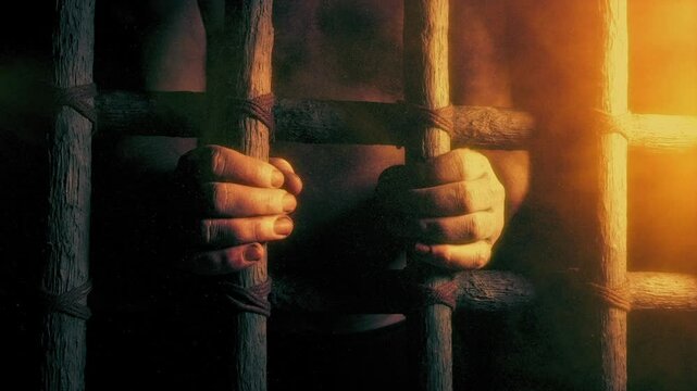 Prisoner Holds Bars In Dusty Sun Glow