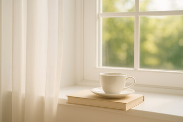 White cup and book by bright window in natural light, flat lay